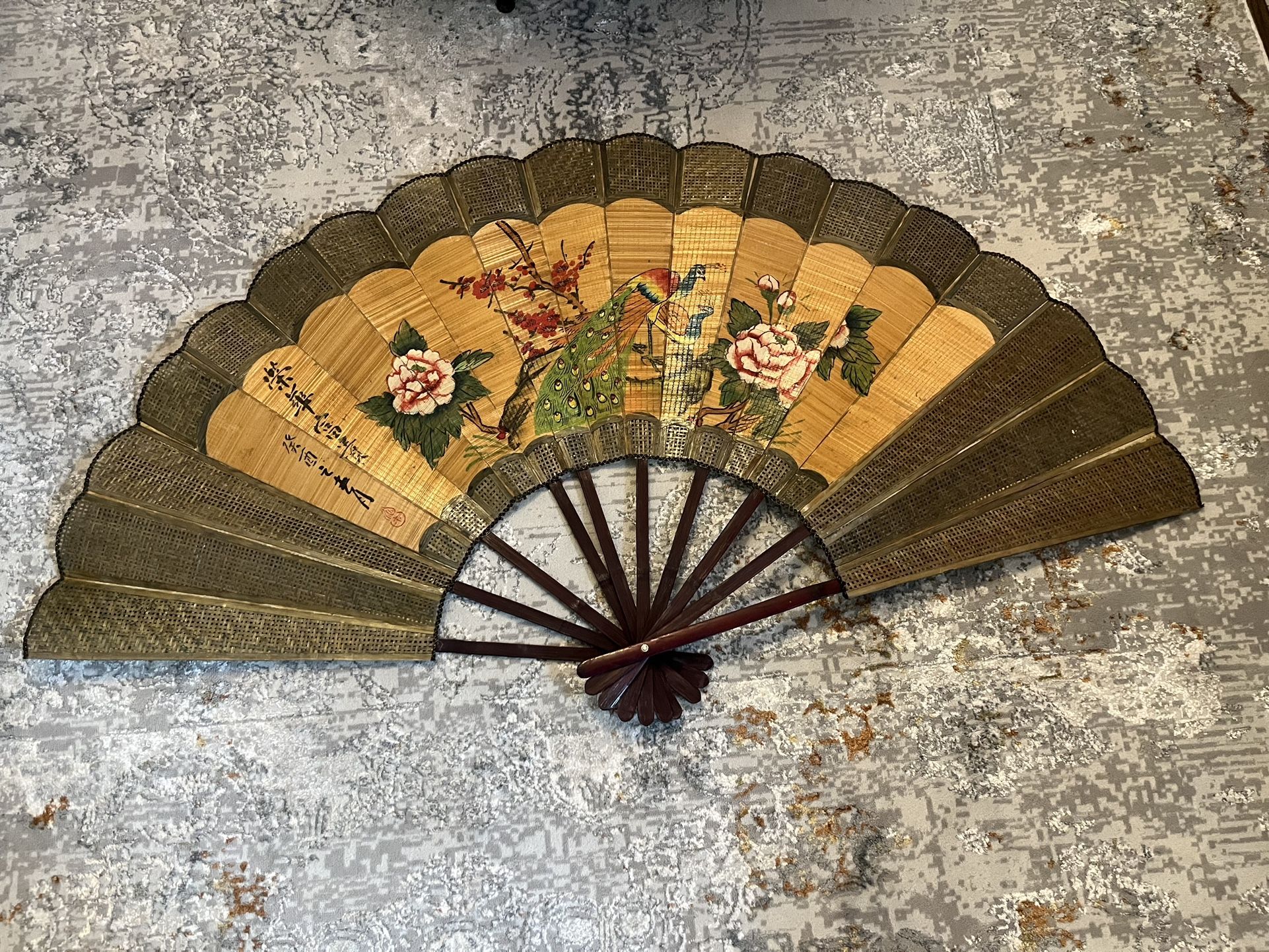 Large Asian Wall Fan, Hand Painted Bamboo Wicker and Rice paper Mid Century