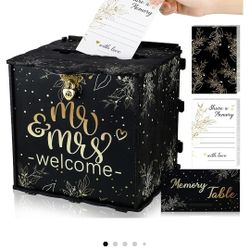 Wesiti Wedding Card Box with Lock and Card Stand Sign 9.84 x 9.84 x 8.46 Inch Wooden Black Gift Card Box with 50 Cards for Wedding Graduation Birthday