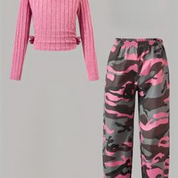 Pink Ribbed Top and Camo Pants Set