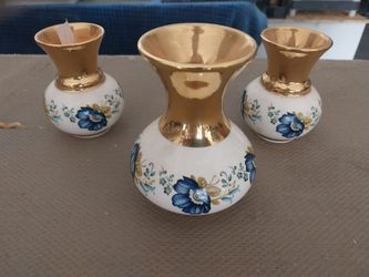 Gold decorated ceramic vase set of three from England