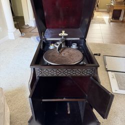 Antique Phonograph In  Wood Cabinet
