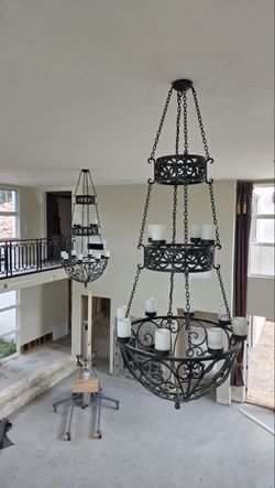 Massive 10ft Grand Foyer Chandeliers – Wrought Iron & Real Alabaster (Matching Pair)