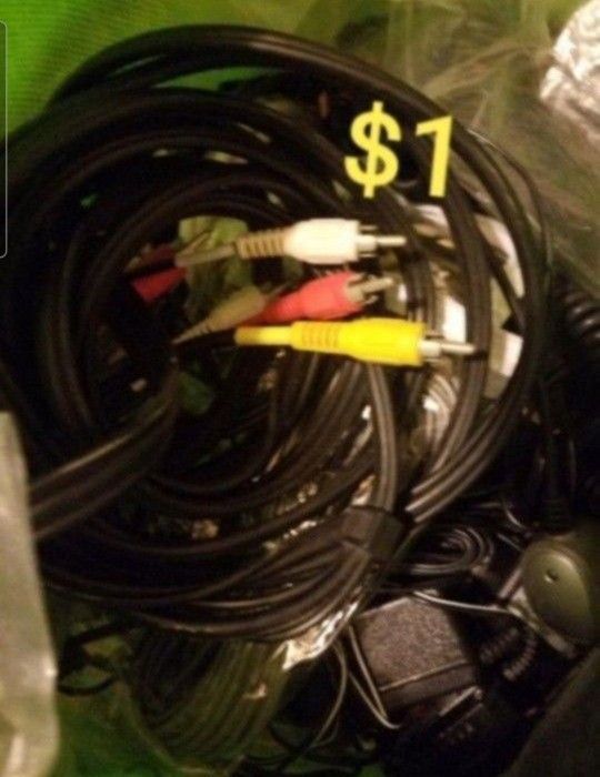 Assorted of cables coax DC Transformers HDMI cable RCA cables USB cables, Mini USB chargers, Ethernet cables, Phone Bin #4 Shed
