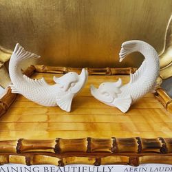 RARE Large Vtg Fitz & Floyd Koi/Chinese Dolphin Porcelain Salt and Pepper Set