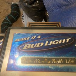 Framed Bud Light sign, perfect for a bar or man cave.