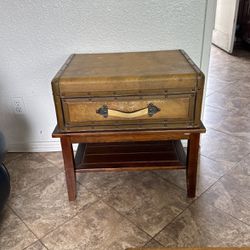 Antique. Genuine Leather Trunk Table