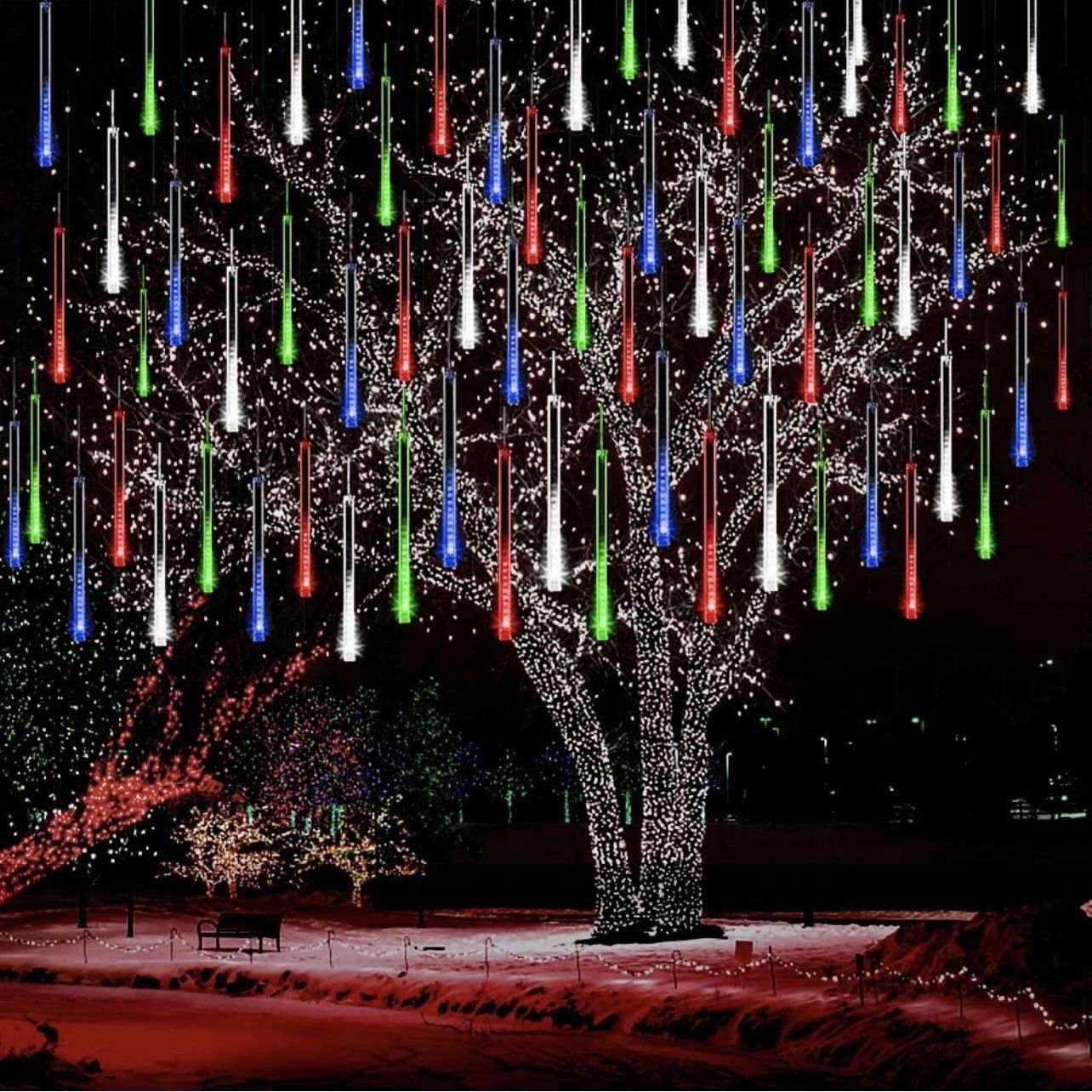 Kwaiffeo Meteor Shower Lights Falling Rain Lights, Christmas Lights Outdoor 12 inch 8 Tube Snow Falling Icicle Cascading Lights for Xmas Tree Decor We