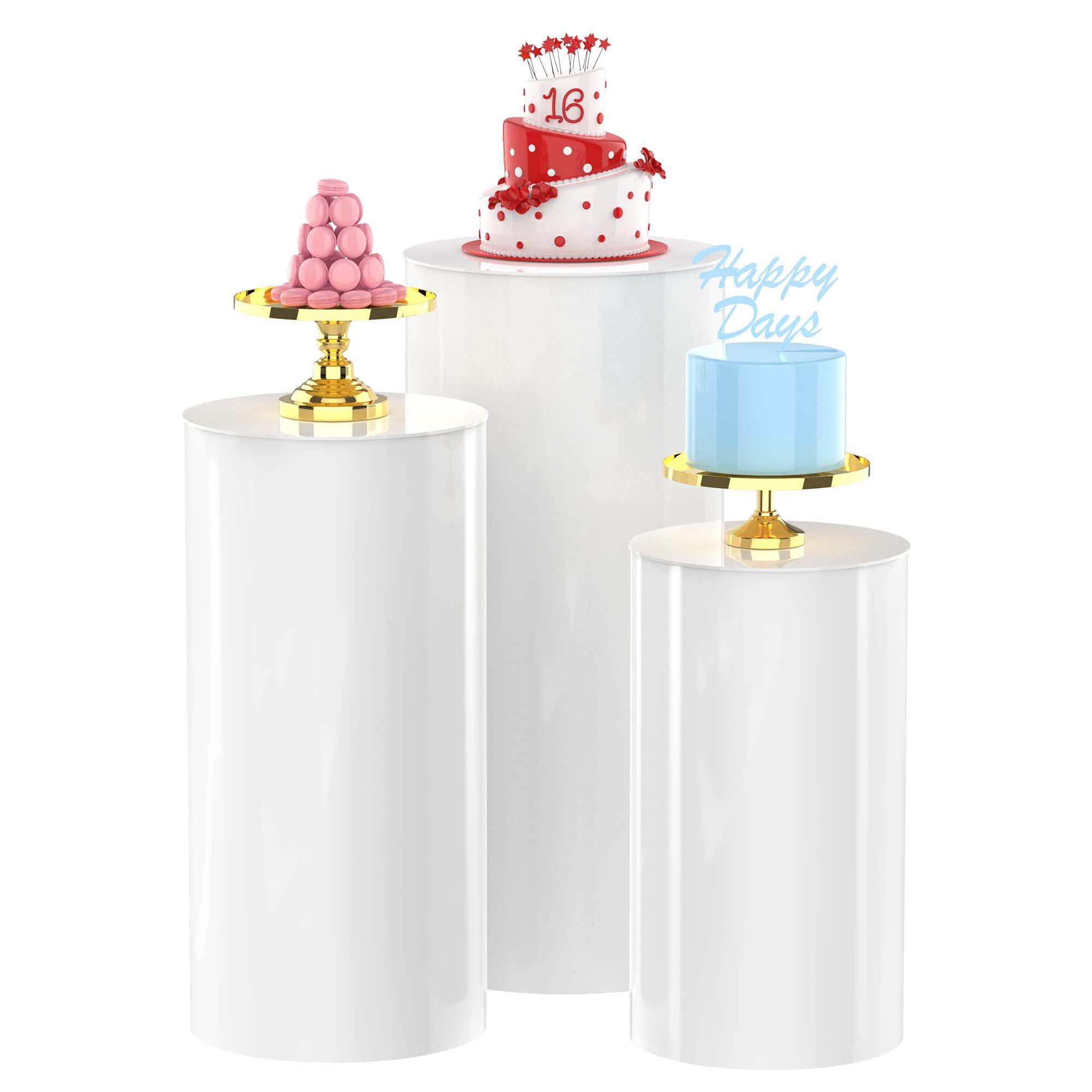 XIOMOT ROUND CYLINDER PEDESTAL STANDS 3PCS WHITE CYLINDER TABLES FOR PARTIES DESSERT TABLE DISPLAY PILLARS FOR PARTY WEDDING BABY SHOWER BIRTHDAY EVEN