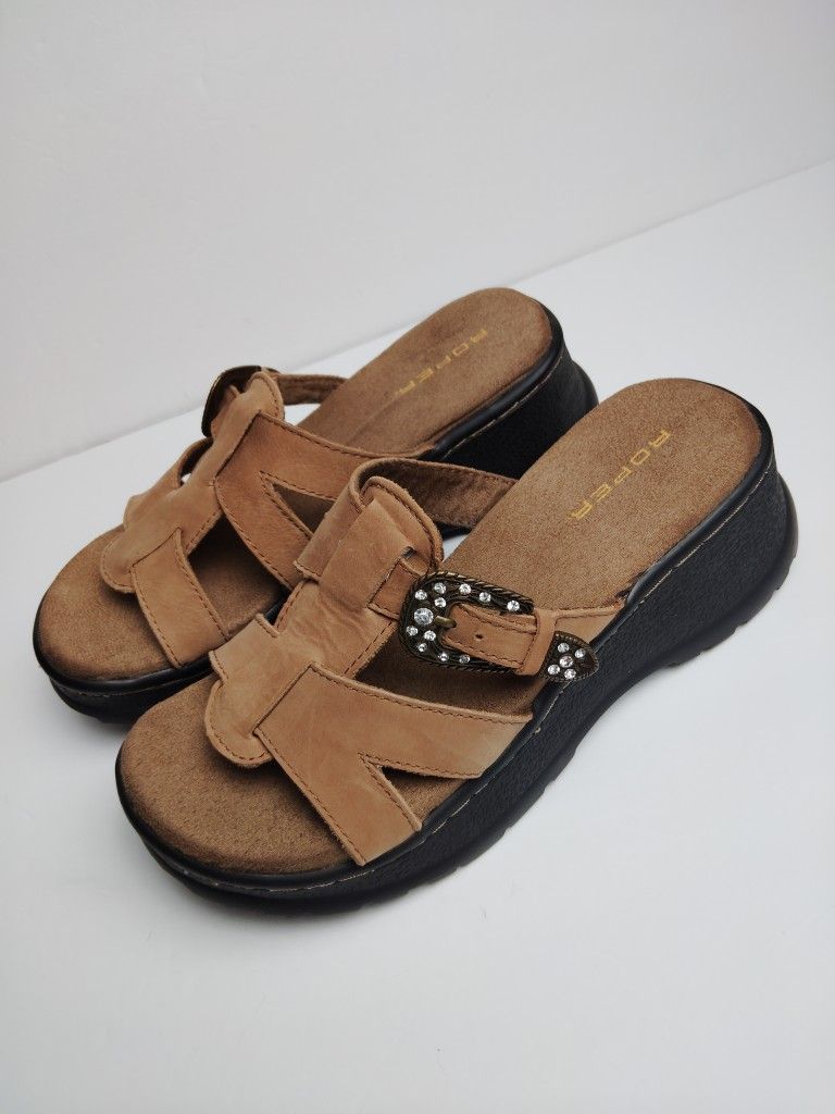 Roper Buckle Strap Slide Chunky Wedge Platform Brown Sandals Womens Size 9