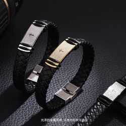 Cowhide leather bracelet with cross shape for men and women(SILVER)