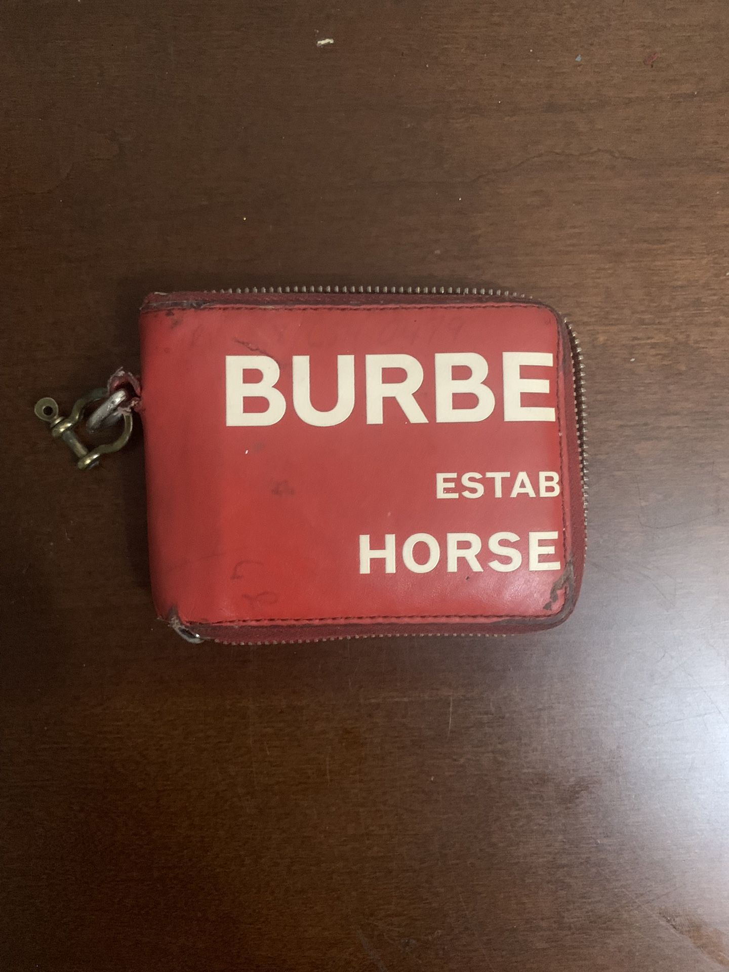 Authentic Burberry Red Leather Wallet - Zipper Functional but Missing Pull