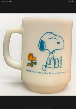  VTG 1965 Fire King Snoopy And Woodstock Mug “I'm Not Worth A Thing Before Coffee”