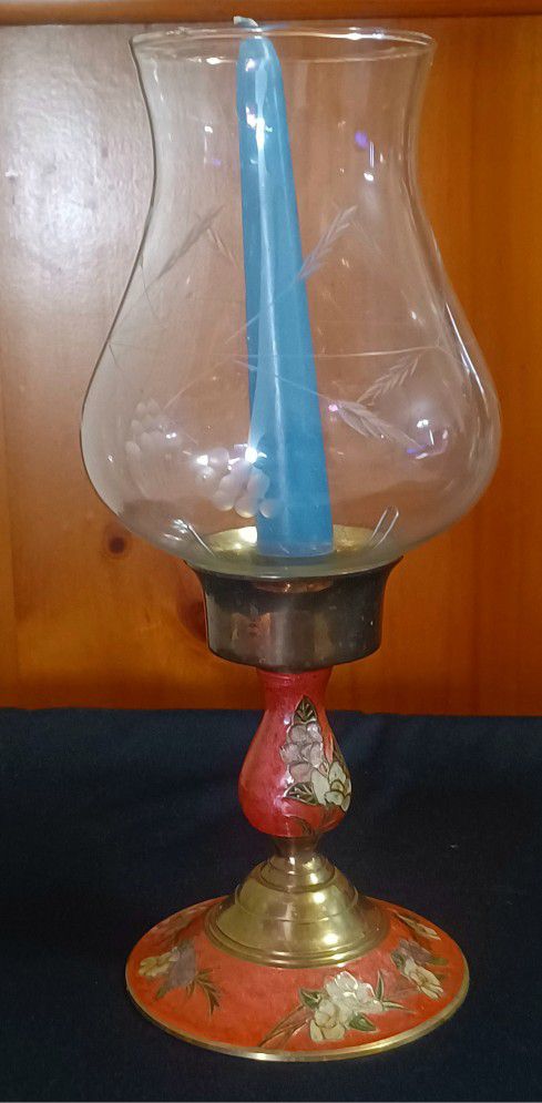 Vintage Red Multi Color Floral Brass Candle Holder with Etched Glass Globe