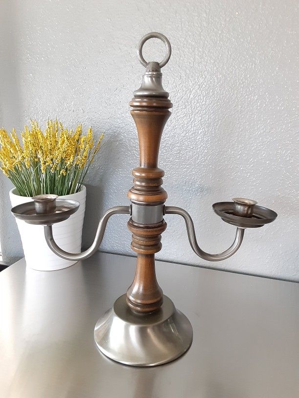 Vintage Candelabra With Wood And Metal Accents. 14in Tall. 