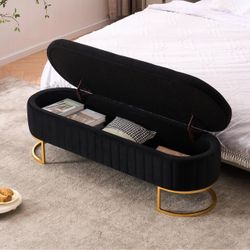 55" Black Velvet Storage Bench with Gold Legs for King Size Bed