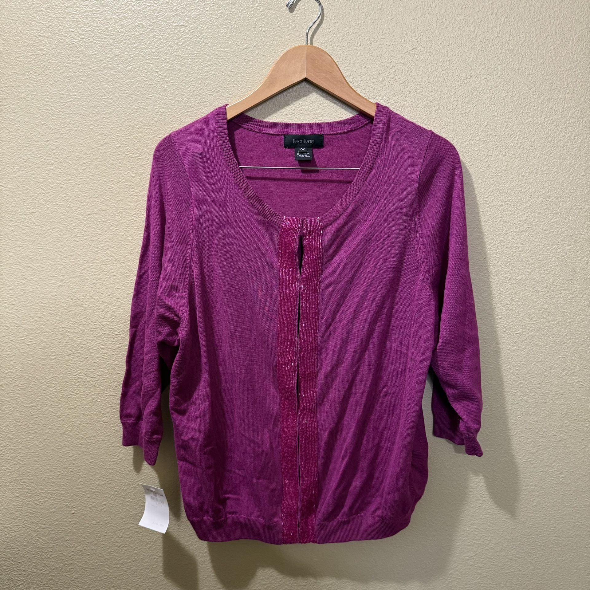 Women’s 0X(14W/14) NWT Karen Kane Magenta Beaded Embellished 3/4 Sleeve Cardigan