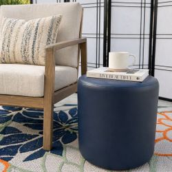 Navy Round Ottoman Stool 17” x 18” – Faux Leather Seat 