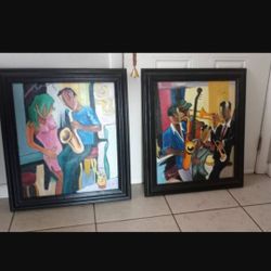 Abstract Jazz Paintings Framed 25"x30" Set Of 2