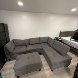 Grey Sectional Sofa + Ottoman - $180