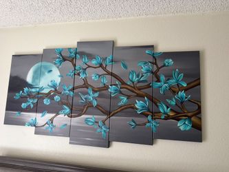 5-Piece Teal Flower and Moon Canvas Wall Art W=50" H=24"