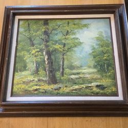 Vintage Home Decor - Framed Forest Landscape Oil Painting