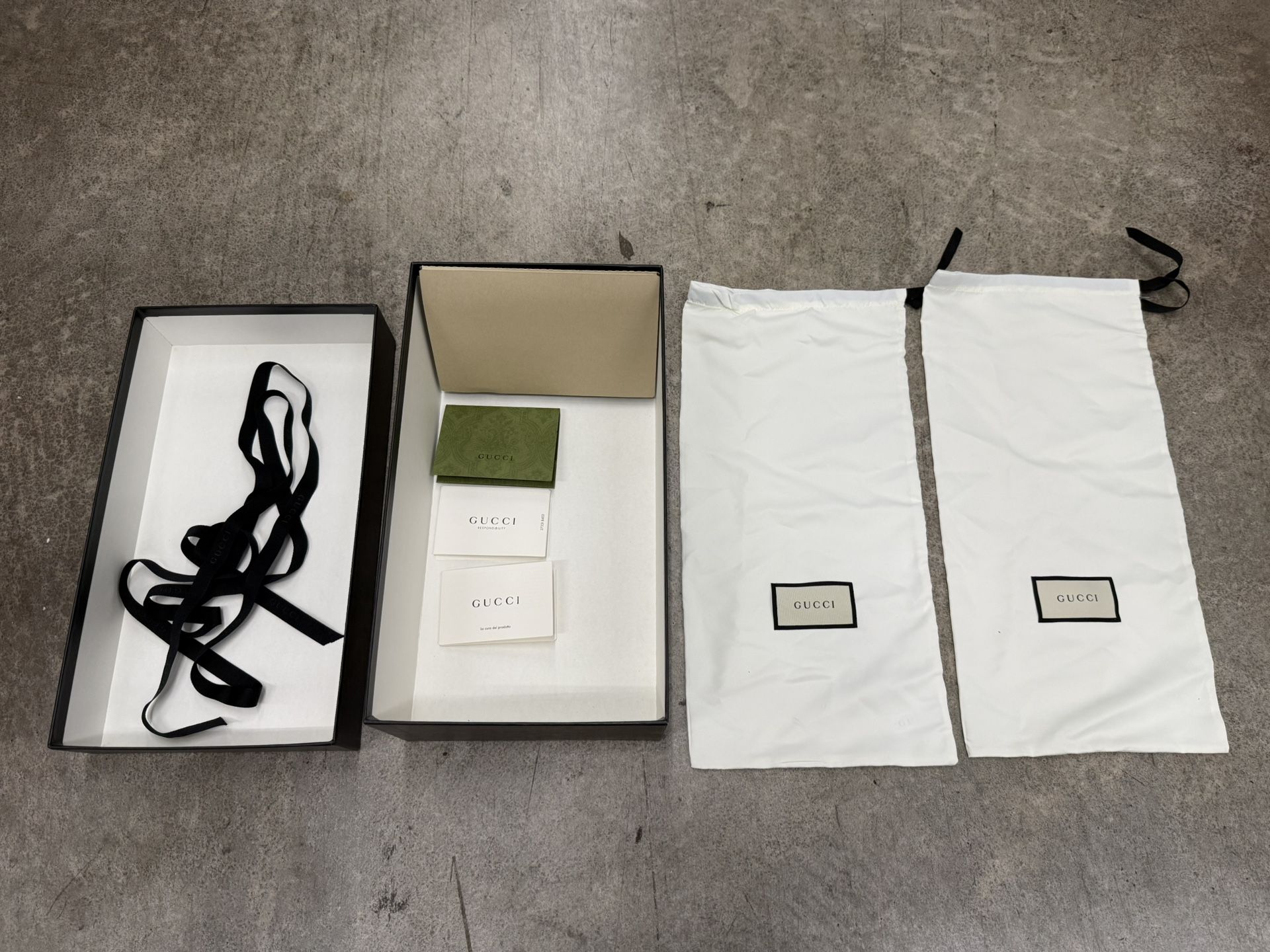 Gucci Authentic Shoe Box Set – Box, Dust Bags, Ribbon, Cards – Original Packaging