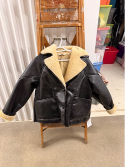 Miss Selfridge faux leather and faux fur oversized jacket in black