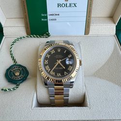 Rolex Datejust 41 41mm 116333 black Roman dial 18k yellow gold and stainless steel oyster bracelet fluted bezel box and papers