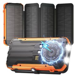 20000mAh Solar Power Bank with 4 Foldable Solar Panels, Built-in Wireless Charging, PD 15W Fast Charging, 3 Built-in Cables, 6 Charging Ports, Portabl