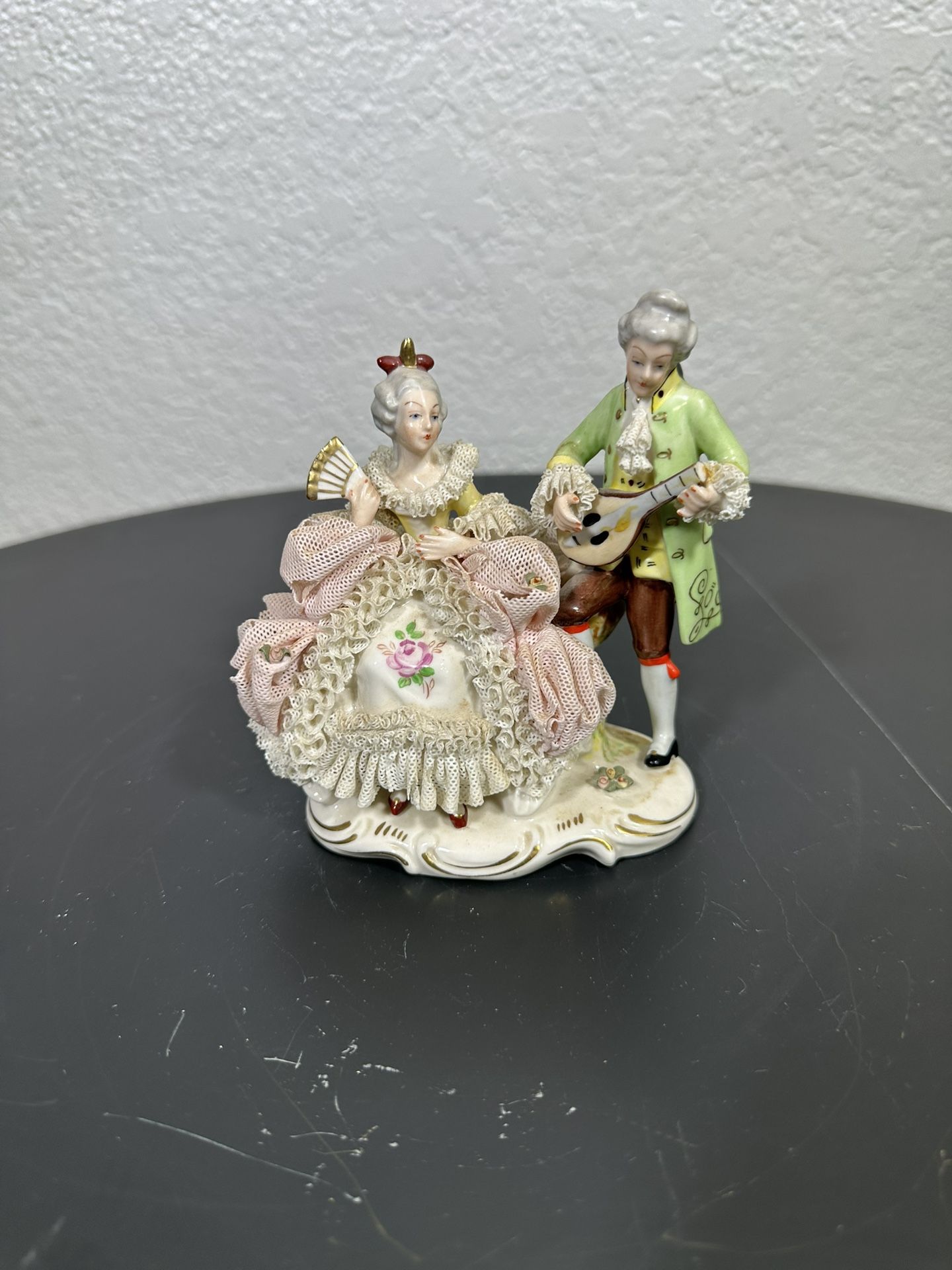 Dresden Lace Courting Couple Figurine Stamped Dresden in Germany.