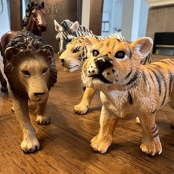 Ten Hard Plastic Animals - Tigers, Lions, Horses, Zebra, Wild Boar, Elephant, and Panda
