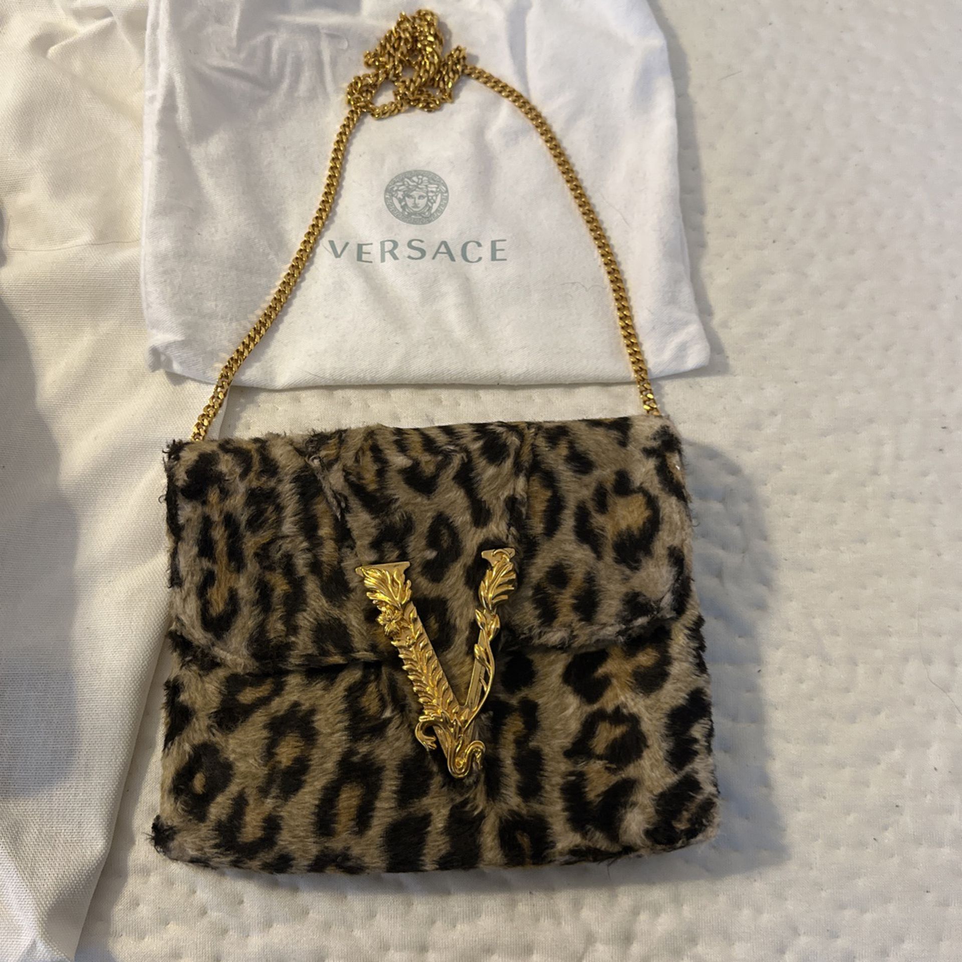 Versace Virtus Leopard Print Clutch With Gold Chain Attachment 