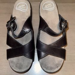 Dansko Sela Black Leather Wedge Cross Strap Sandals - Size 38 (7.5-8)