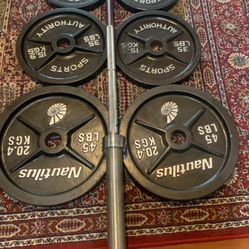 Like new set of Nautilus Olympic weights plates and 7 ft barbell. Read the description