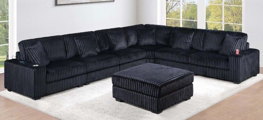 Brand New Black Corduroy Modular Sectional Sofa w Ottoman
