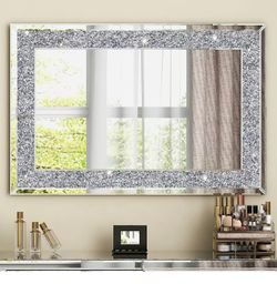 Crushed Diamond Mirrors for Wall Decor, 35.4x23.6 Decorative Mirror Rectangle Hanging Mirrors Large for Living Room Crystal Wall-Mounted Mirror Silver