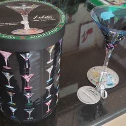 LOLITA Hand-Painted Black & Blue Martini Glass "NEW YEARS-TINI" NY