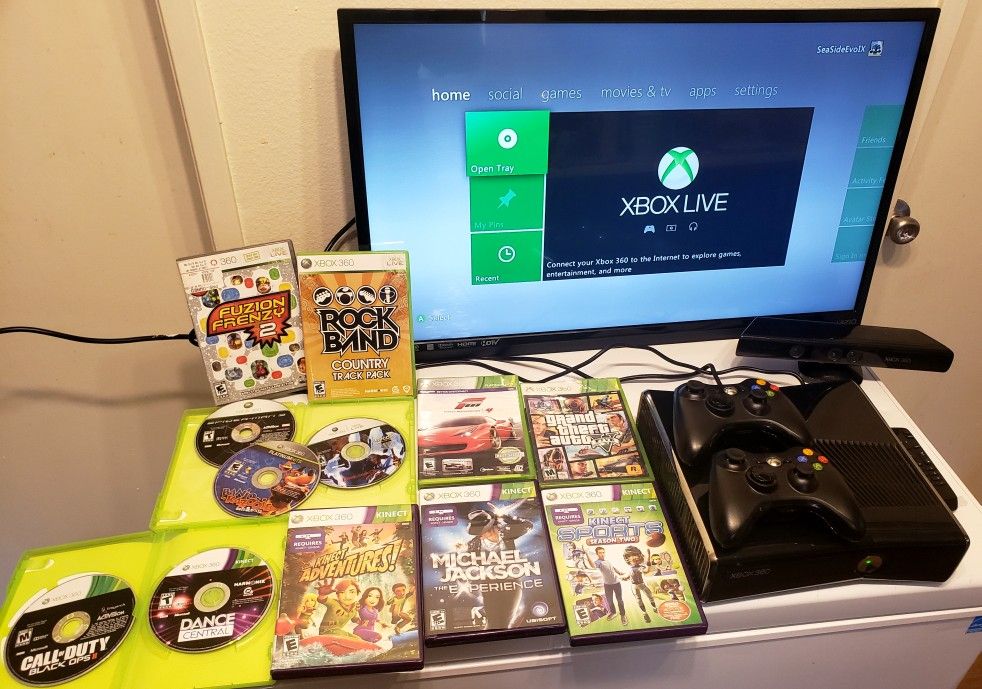 XBOX 360 SLIM 250GB KINECT 12 GAMES 2W/LESS CONTROLLERS + 32 INCH VIZIO TV WITH REMOTE BUNDLE 100%🔥🔥