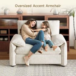 Oversized Accent Chair, 41 Inch Chenille Fabric Armchair, Comfy Single Sofa Chair with Padded Arms, Pocket Spring Cushion, Modern Reading C