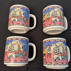 RaRE! Set of 4 Allen Lewis Southwest Native American Coffee Mug Cup 1992 Indian Mugs Cups 