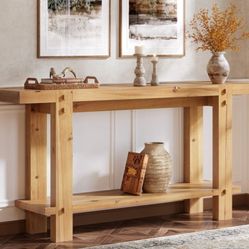 63" Farmhouse Console Table, 2-Tier Solid Wood Entryway Sofa Table