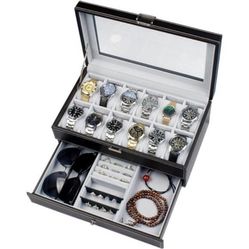 Watch Box 12 Slot Watch Display Organizer Leather Jewelry Case Drawer Glass