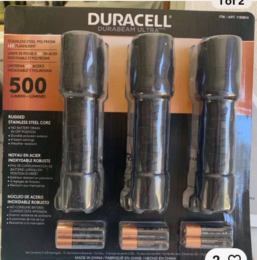Duracell Survival 3 Pk 500 Lumen Rugged Durabeam Ultra LED Compact Flashlights New in Package