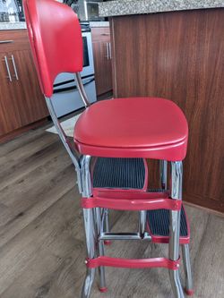 Retro COSCO Chrome and Red Vinyl Stool w/Pull-out Steps