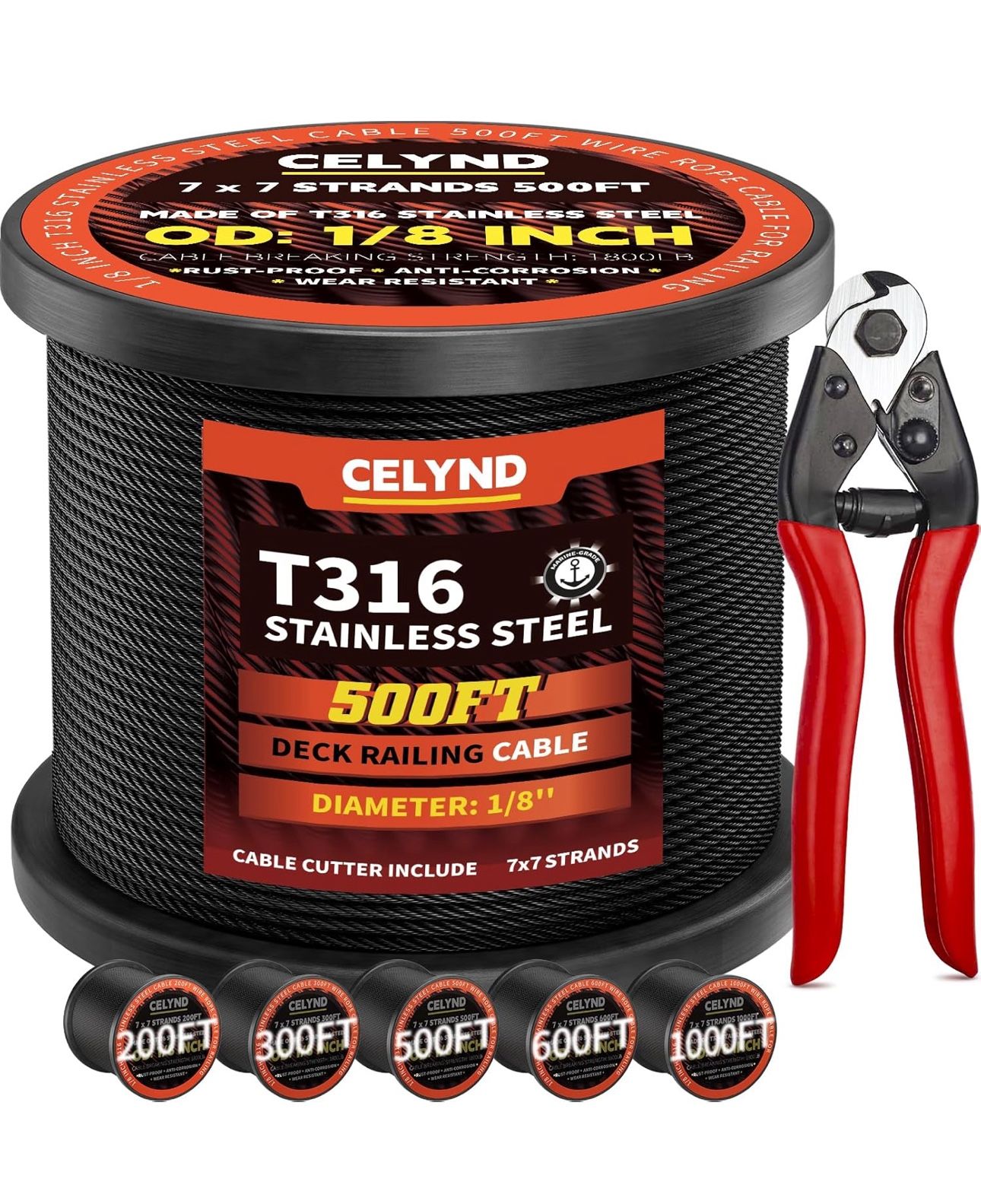 Black Stainless Steel Cable for Railing - 500FT 1/8" T316 Wire Rope for Deck Cable Railing System Kit