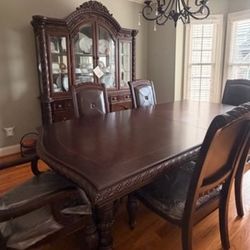 Wood China Cabinet And Dining Table Set With 6 Leather Chairs