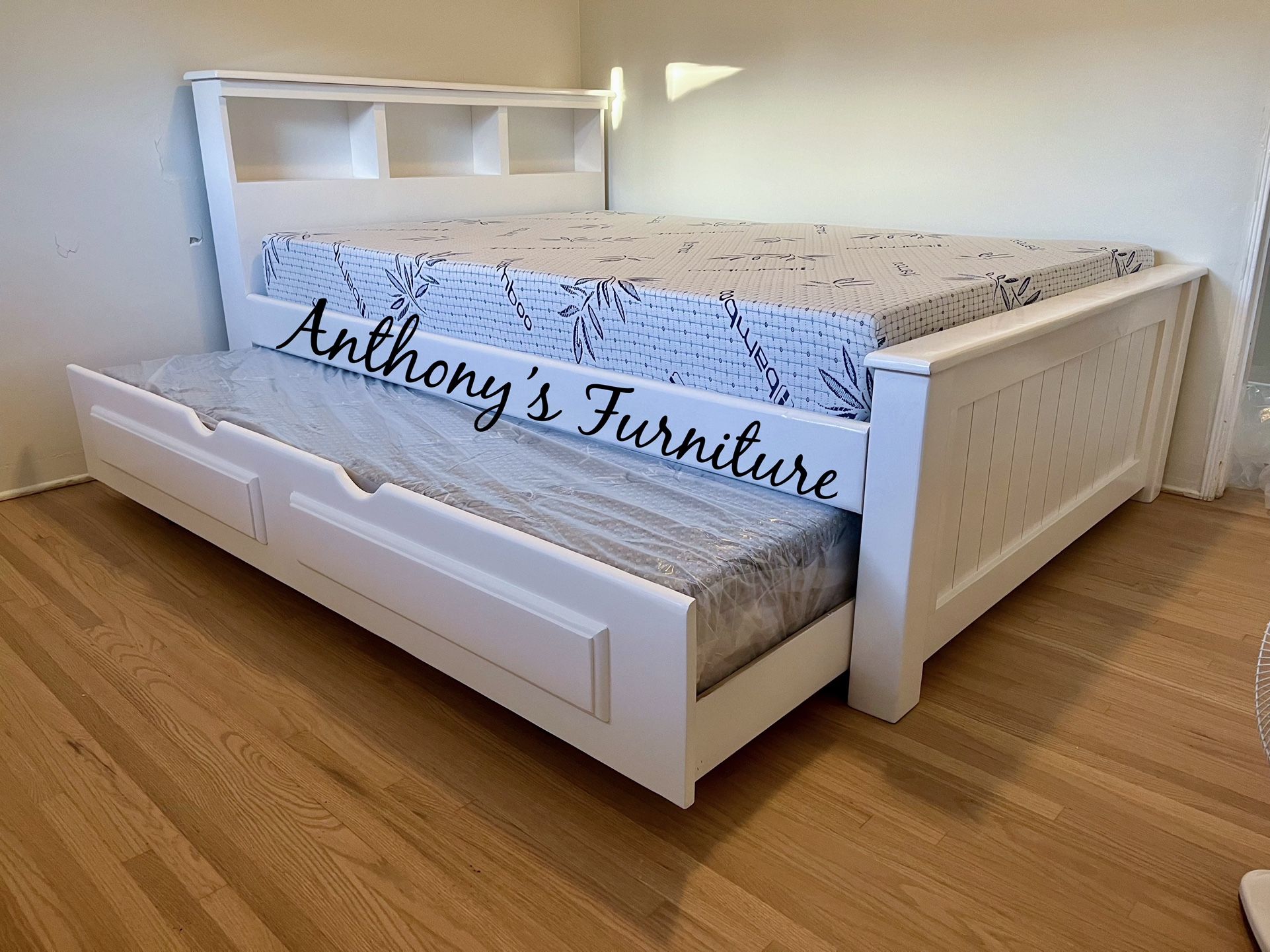 White Full Bed With Trundle And Memory Foam Mattresses