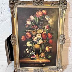 Vintage Floral Oil Painting Signed Pierry 30”Lx43.5”H