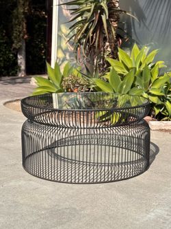 Crate & Barrel Black Mesh Coffee Table – Organic Modern Glass Top