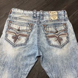 Rock Revival Jeans Mens 36x31 Howel Relaxed St17 Denim Blue Leather Inserts